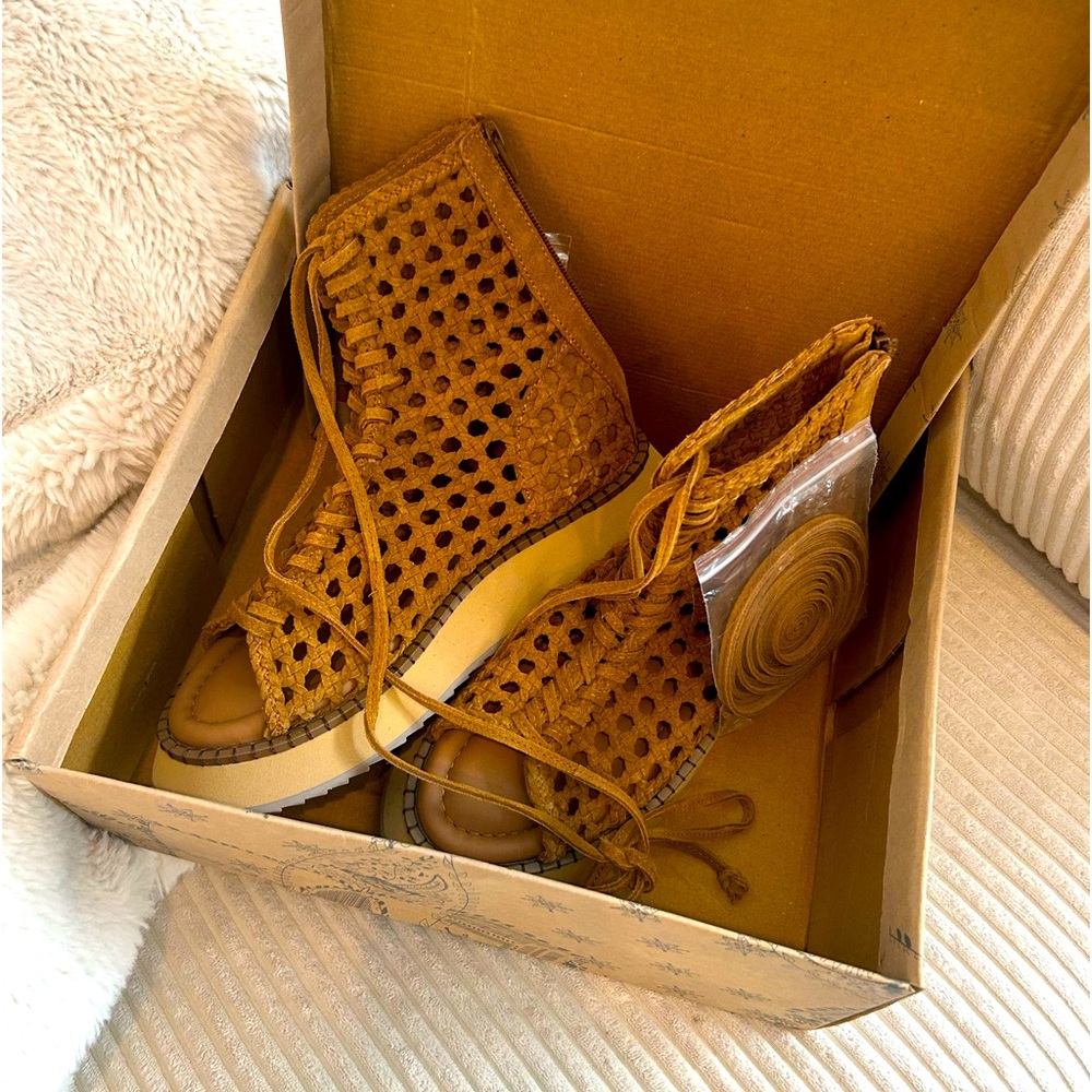 Free People Mustard Woven Lace-Up Gladiator Sandals